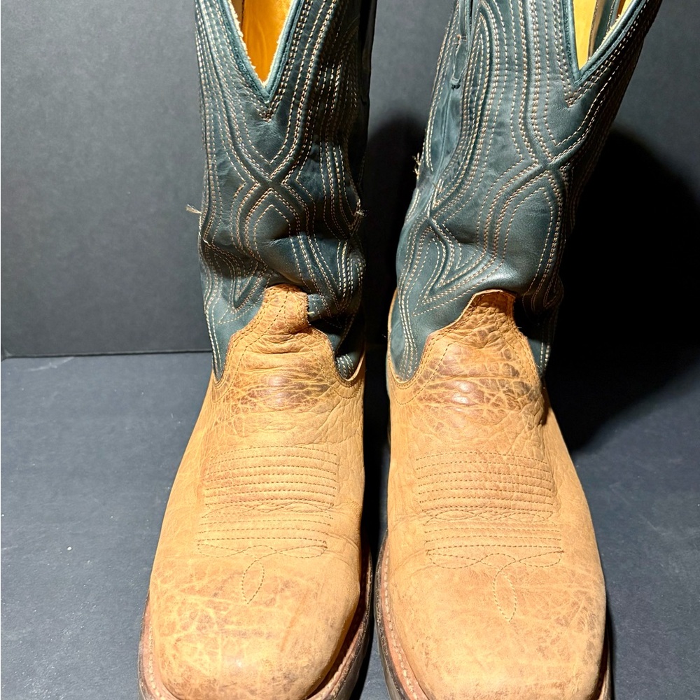 Tecovas Tan and Green Leather Western Style square toe boots with Vibram soles
